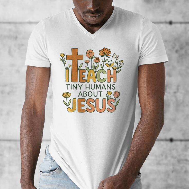 I Teach Tiny Humans About Jesus Christian Teacher Religious Men's V-Neck T-Shirt, funny design