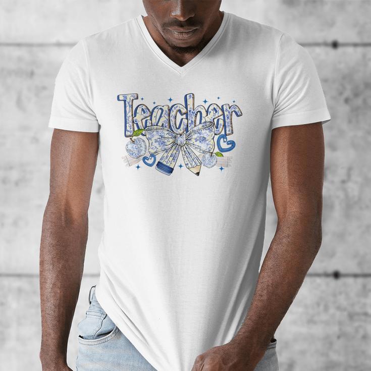 Teacher Blue Chinoiserie Coquette Bow Heart Teacher Life Men's V-Neck T-Shirt, funny design Teacher Blue Chinoiserie Coquette Bow Heart Teacher Life Men's V-Neck T-Shirt, funny design