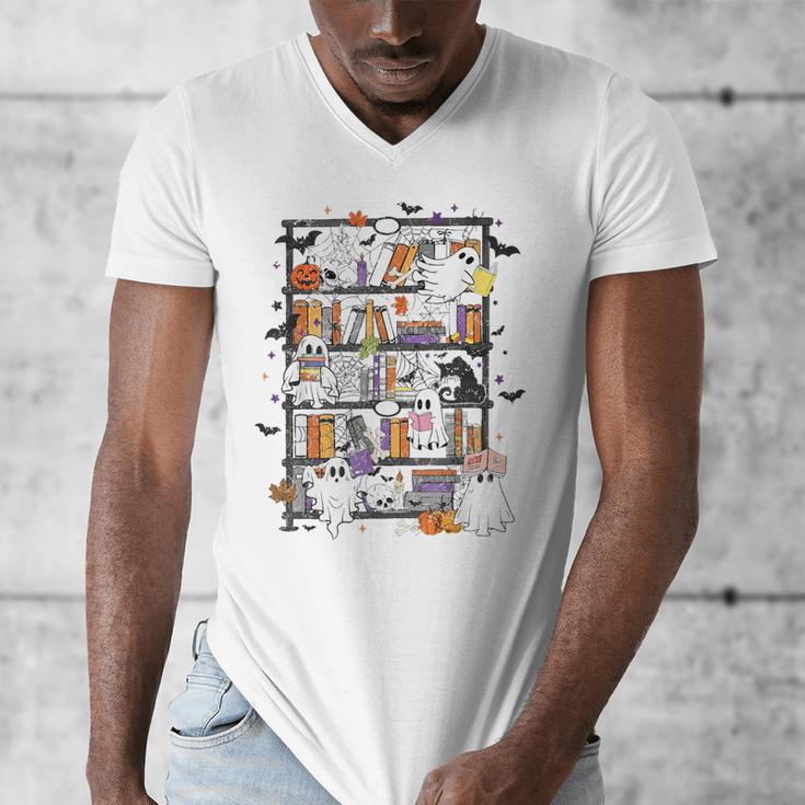 Teacher Library Ghost Reading Book Halloween Cat Men's V-Neck T-Shirt, funny design