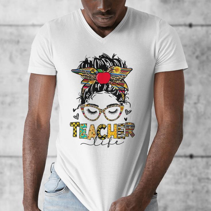 Teacher Life Messy Bun Glasses Leopard Sunflower Men's V-Neck T-Shirt, funny design