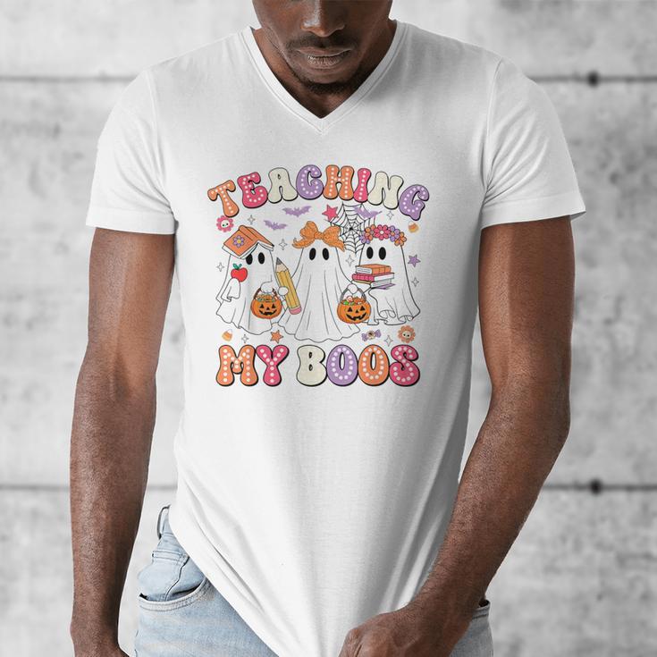 Teaching My Boos Cute Spooky Ghost Teacher Halloween Women Men's V-Neck T-Shirt, funny design Teaching My Boos Cute Spooky Ghost Teacher Halloween Women Men's V-Neck T-Shirt, funny design