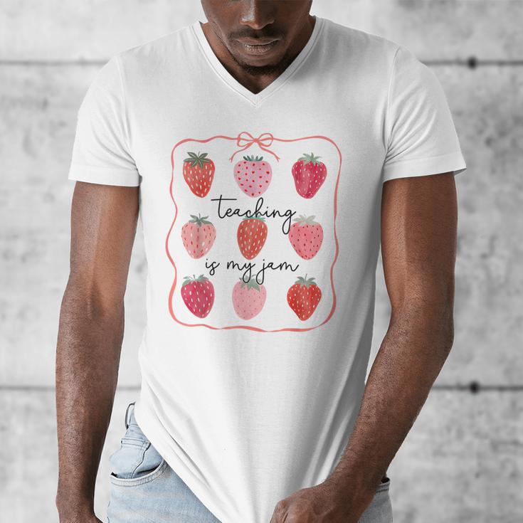Teaching Is My Jam Teacher Team Crew Cute Strawberry Girls Men's V-Neck T-Shirt, funny design