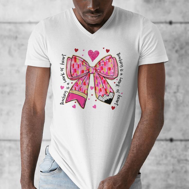 Teaching Is A Work Of Heart Pencil Bow Teacher Valentine Men's V-Neck T-Shirt, funny design