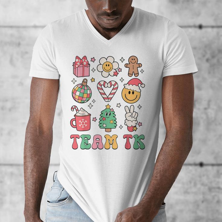 Team TK Teacher Christmas Groovy Smile Face Girl Boy Kid TK Men's V-Neck T-Shirt, Groovy Teacher Gifts, funny design