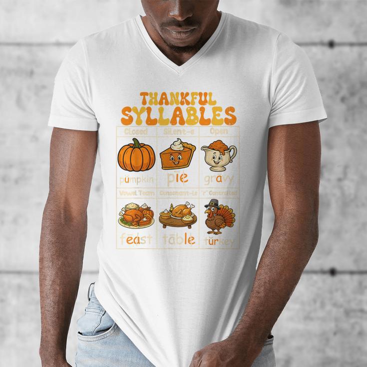 Thankful Syllables Teacher Thanksgiving Educational Kids Men's V-Neck T-Shirt, funny design Thankful Syllables Teacher Thanksgiving Educational Kids Men's V-Neck T-Shirt, funny design