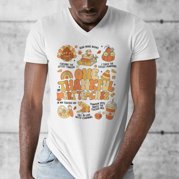 Thanksgiving One Thankful Art Teacher Fall Groovy Men Women Men's V-Neck T-Shirt, Groovy Teacher Gifts, funny design