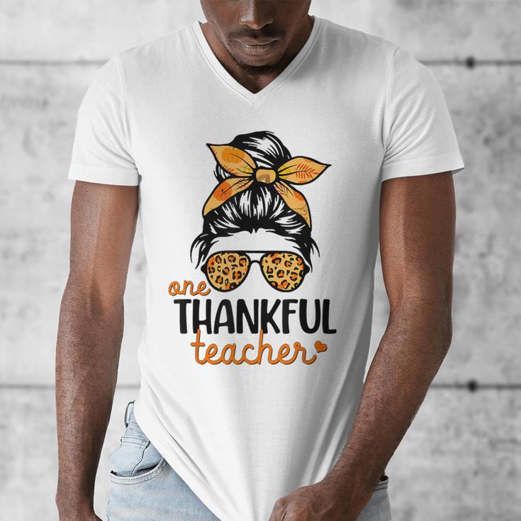 Thanksgiving Shirt Teacher Women Messy Bun Thankful Teacher Men's V-Neck T-Shirt, funny design Thanksgiving Shirt Teacher Women Messy Bun Thankful Teacher Men's V-Neck T-Shirt, funny design