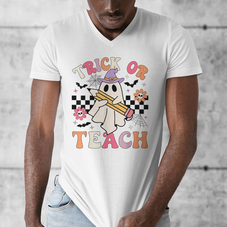 Trick Or Teach Groovy Teacher Halloween Retro Floral Ghost Men's V-Neck T-Shirt, Groovy Teacher Gifts, funny design Trick Or Teach Groovy Teacher Halloween Retro Floral Ghost Men's V-Neck T-Shirt, Groovy Teacher Gifts, funny design