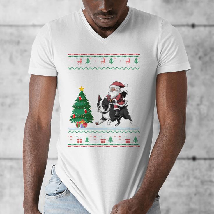 Ugly Christmas Tree Lights Xmas Santa Riding Boston Terrier Men's V-Neck T-Shirt, Boston Terrier Christmas Gifts, Boston Terrier Riding Gifts, funny design