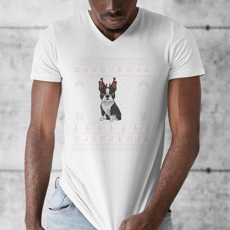 Ugly Xmas Sweater Style Boston Terrier Reindeer Christmas Men's V-Neck T-Shirt, Boston Terrier Christmas Gifts, funny design