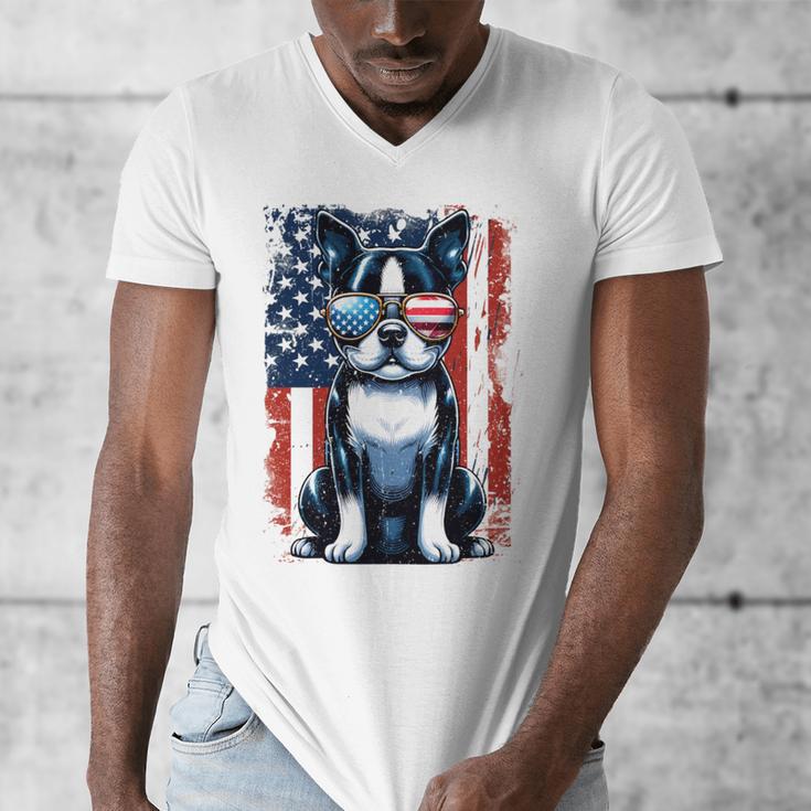 Vintage Boston Terrier Dog American US USA Flag Pets Dogs Men's V-Neck T-Shirt, American Boston Terrier Gifts, funny design
