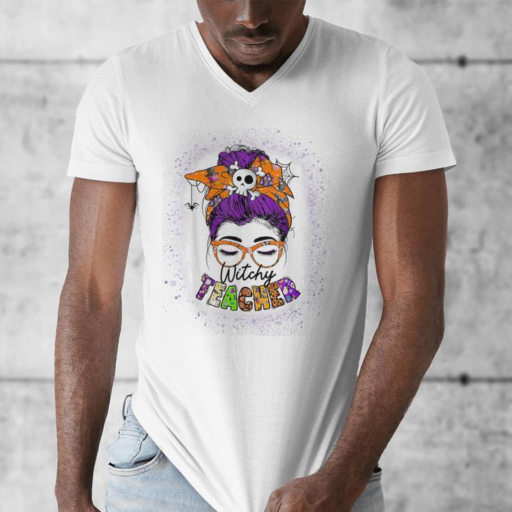 Witchy Teacher Halloween Messy Bun Teacher Bleached Men's V-Neck T-Shirt, funny design Witchy Teacher Halloween Messy Bun Teacher Bleached Men's V-Neck T-Shirt, funny design