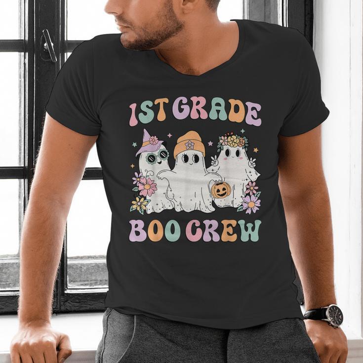 1st Grade Boo Crew Groovy Halloween Floral Ghost Kid Teacher Men's V-Neck T-Shirt, Groovy Teacher Shirts, gift for family, gift for coworker 1st Grade Boo Crew Groovy Halloween Floral Ghost Kid Teacher Men's V-Neck T-Shirt, Groovy Teacher Shirts, gift for family, gift for coworker