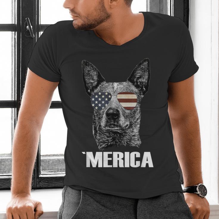 4th July Blue Heeler Dog Merica Patriotic USA Flag Cute Men's V-Neck T-Shirt, gift for family, gift for coworker