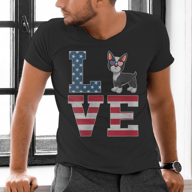 4th Of July Decor Patriotic LOVE Boston Terrier USA Flag Men's V-Neck T-Shirt, Patriotic Boston Terrier Shirts, Boston Terrier 4th Of July Shirts, gift for family, gift for coworker