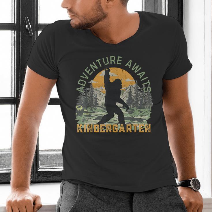 Adventure Awaits Bigfoot Teacher Kindergarten Back To School Men's V-Neck T-Shirt, gift for family, gift for coworker Adventure Awaits Bigfoot Teacher Kindergarten Back To School Men's V-Neck T-Shirt, gift for family, gift for coworker