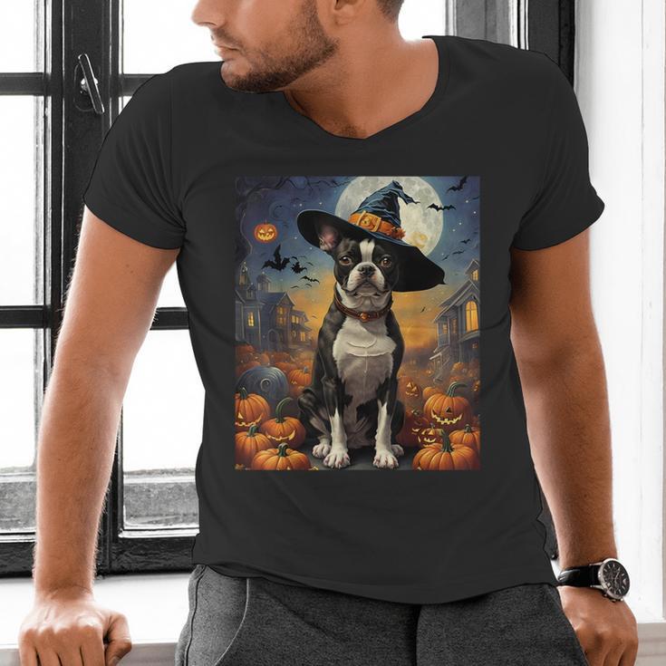 Aesthetic Halloween Boston Terrier Dog Witch Pumpkin For Men Women Kids Men's V-Neck T-Shirt, Boston Terrier Halloween Shirts, gift for family, gift for coworker