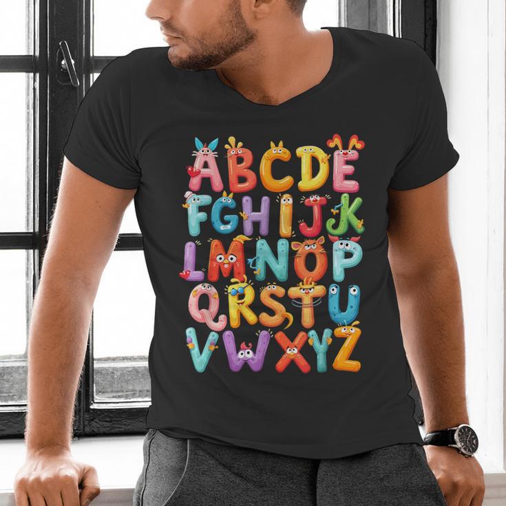 Alphabet A-Z ABC Kids Back To School Pre K Teachers Men's V-Neck T-Shirt, gift for family, gift for coworker