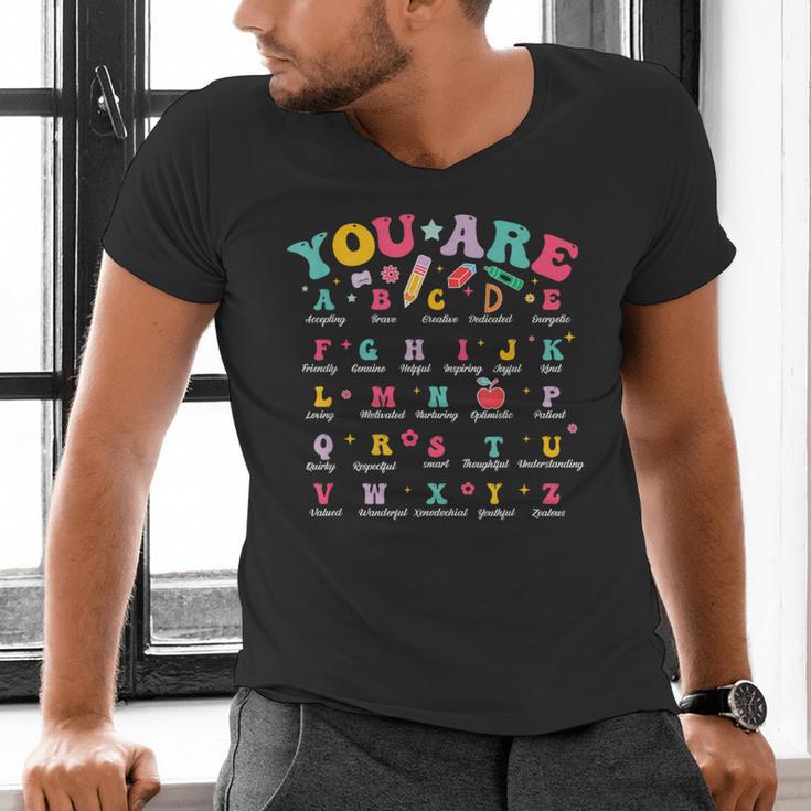Alphabet Positive Affirmations Back To School Teacher Men's V-Neck T-Shirt, gift for family, gift for coworker Alphabet Positive Affirmations Back To School Teacher Men's V-Neck T-Shirt, gift for family, gift for coworker