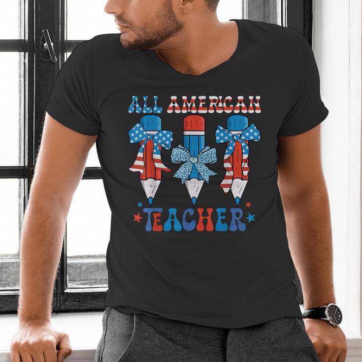 All American Teacher Pencil Coquette Bow USA Flag Teachers Men's V-Neck T-Shirt, gift for family, gift for coworker All American Teacher Pencil Coquette Bow USA Flag Teachers Men's V-Neck T-Shirt, gift for family, gift for coworker