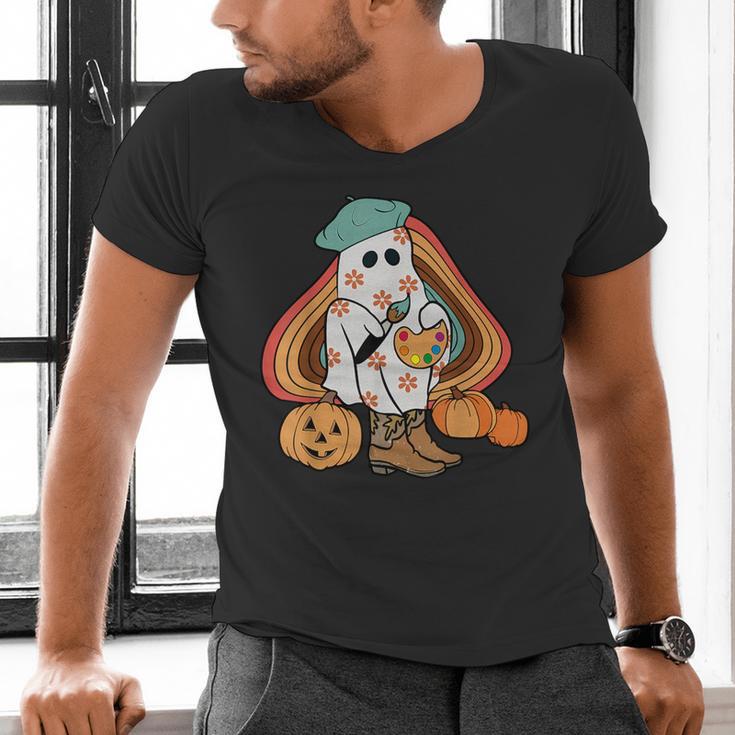 Art Teacher Painting Brushes Retro Pumpkin Ghost Artist Men's V-Neck T-Shirt, gift for family, gift for coworker