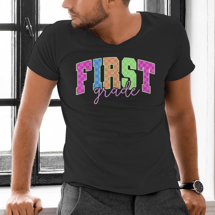 Back To School Neon Checkered First Grade Colorful Teacher Men's V-Neck T-Shirt, First Grade Teacher Shirts, gift for family, gift for coworker Back To School Neon Checkered First Grade Colorful Teacher Men's V-Neck T-Shirt, First Grade Teacher Shirts, gift for family, gift for coworker