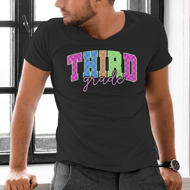 Back To School Neon Checkered Third Grade Colorful Teacher Men's V-Neck T-Shirt, gift for family, gift for coworker