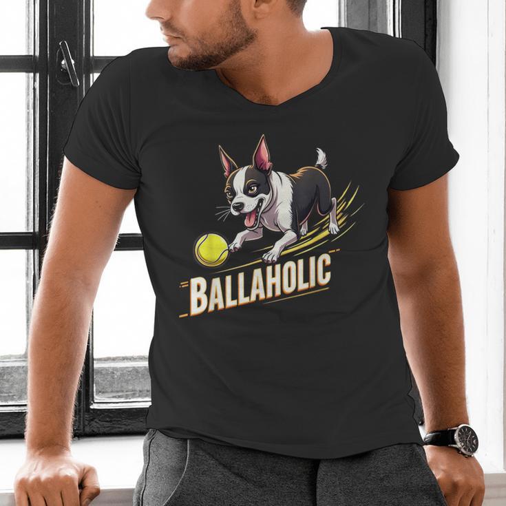 Ballaholic Boston Terrier Dog Chasing Bostie Ball Men's V-Neck T-Shirt, gift for family, gift for coworker
