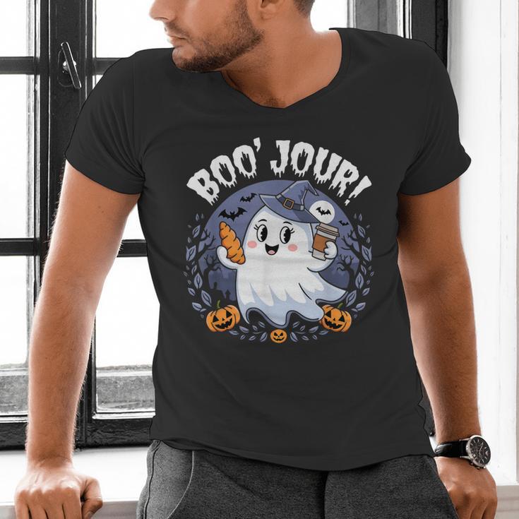Boo Jour Ghost Halloween French Teacher Cute Coffe Croissant Men's V-Neck T-Shirt, gift for family, gift for coworker