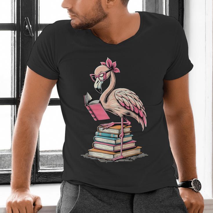 Book Lover Cute Flamingo Reading Teacher Librarian Women Men's V-Neck T-Shirt, gift for family, gift for coworker