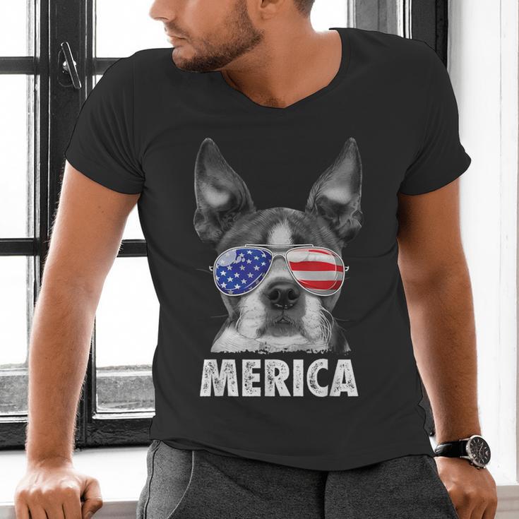 Boston Terrier 4th Of July Merica Men Women USA Flag Vintage Men's V-Neck T-Shirt, Boston Terrier 4th Of July Shirts, gift for family, gift for coworker