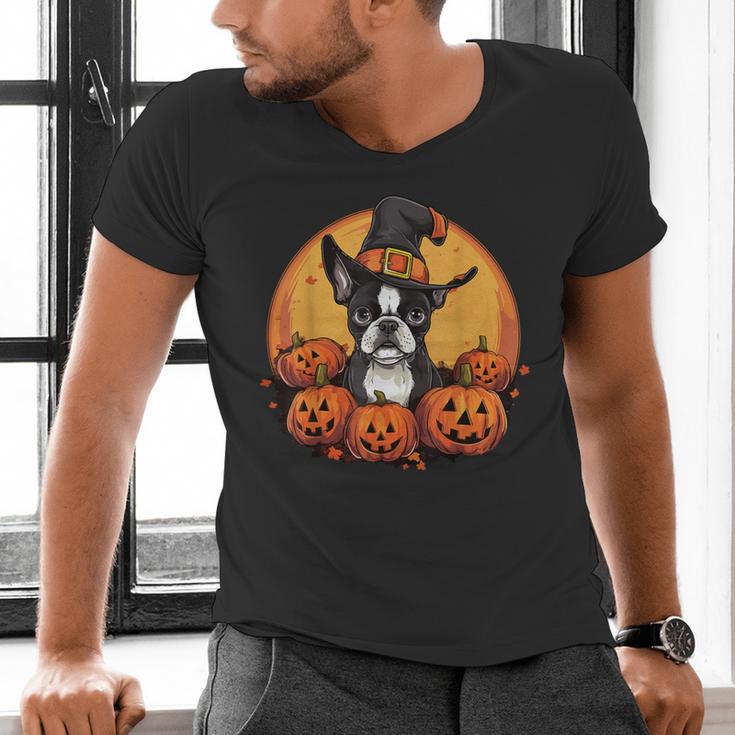 Boston Terrier Bostie Dog Breed Pet Halloween Pumpkins Men's V-Neck T-Shirt, Boston Terrier Halloween Shirts, gift for family, gift for coworker