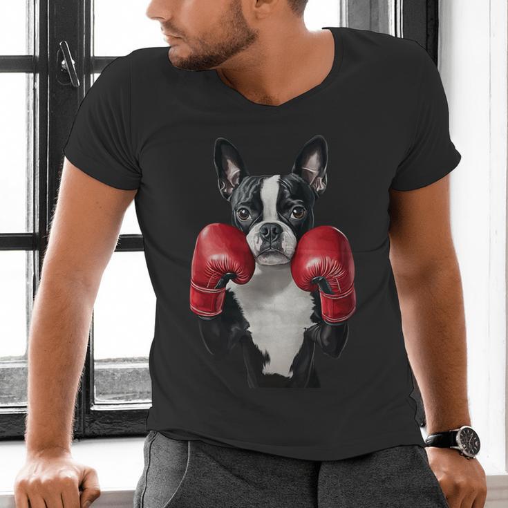 Boston Terrier Boxing Men's V-Neck T-Shirt, gift for family, gift for coworker