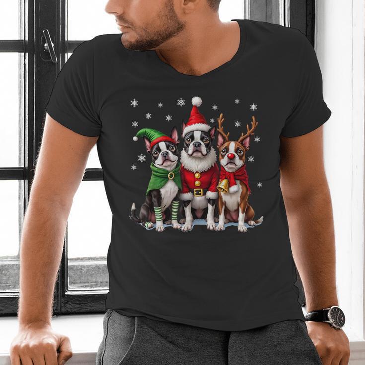 Boston Terrier Christmas Dogs Santa Reindeer Elf Men's V-Neck T-Shirt, Boston Terrier Christmas Shirts, gift for family, gift for coworker