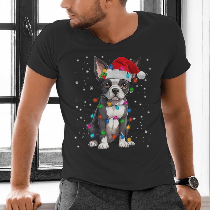 Boston Terrier Christmas Santa Hat Tree Lights Pajama Men's V-Neck T-Shirt, Boston Terrier Christmas Shirts, gift for family, gift for coworker