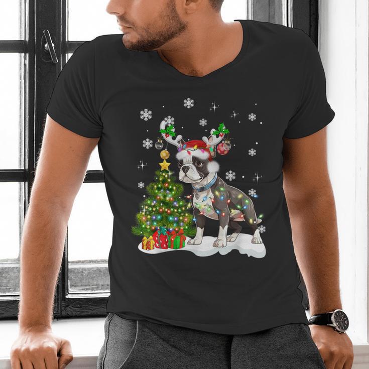 Boston Terrier Christmas Tree Lights Santa Hat Men's V-Neck T-Shirt, Boston Terrier Christmas Shirts, gift for family, gift for coworker