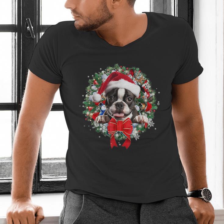 Boston Terrier Christmas Wreath Decoration Xmas Pajamas Men's V-Neck T-Shirt, Boston Terrier Christmas Shirts, gift for family, gift for coworker