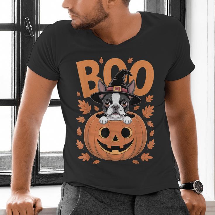 Boston Terrier Costume On Pumpkin Halloween Boston Terrier Men's V-Neck T-Shirt, Boston Terrier Halloween Shirts, gift for family, gift for coworker