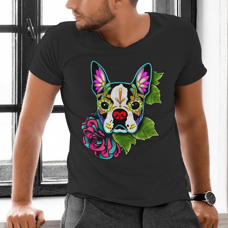 Boston Terrier In Day Of The Dead Sugar Skull Dog Men's V-Neck T-Shirt, gift for family, gift for coworker