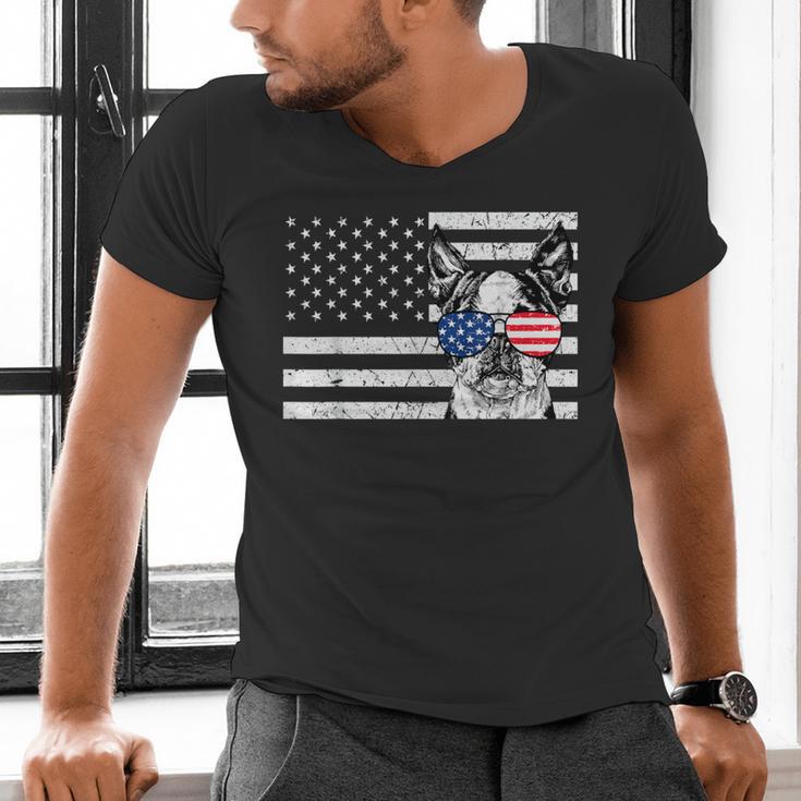 Boston Terrier Dog 4th Of July US American Flag Patriotic Men's V-Neck T-Shirt, Patriotic Boston Terrier Shirts, American Boston Terrier Shirts, Boston Terrier 4th Of July Shirts, gift for family, gift for coworker