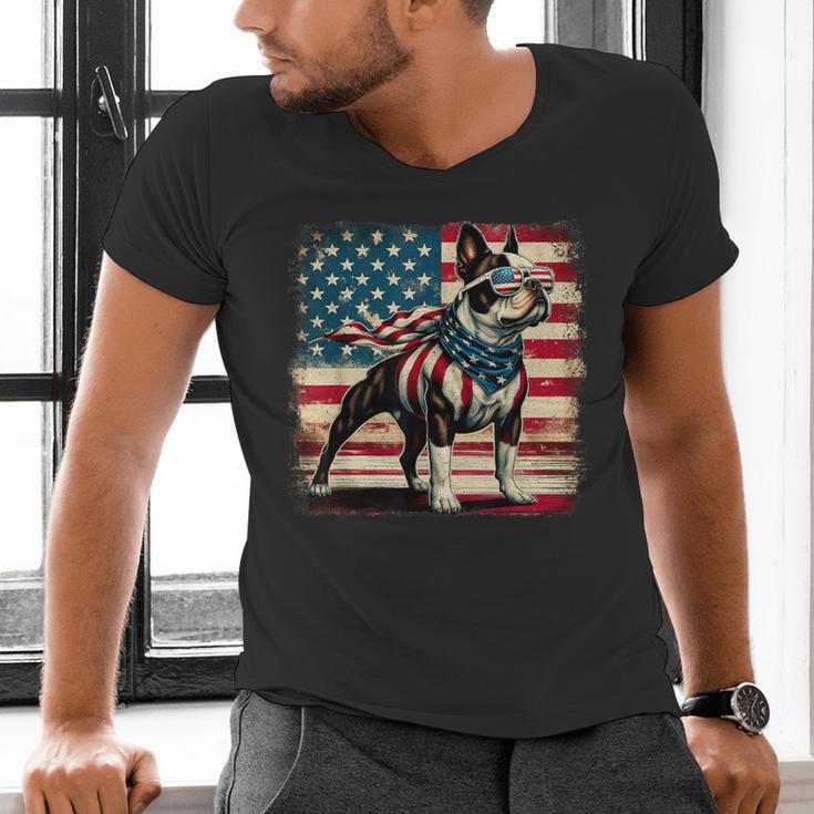 Boston Terrier Dog 4th Of July USA American Flag Patriotic Men's V-Neck T-Shirt, Patriotic Boston Terrier Shirts, American Boston Terrier Shirts, Boston Terrier 4th Of July Shirts, gift for family, gift for coworker