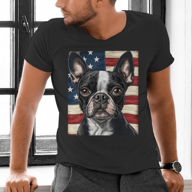 Boston Terrier Dog American Flag 4th Of July Patriotic Puppy Men's V-Neck T-Shirt, Patriotic Boston Terrier Shirts, American Boston Terrier Shirts, Boston Terrier 4th Of July Shirts, gift for family, gift for coworker