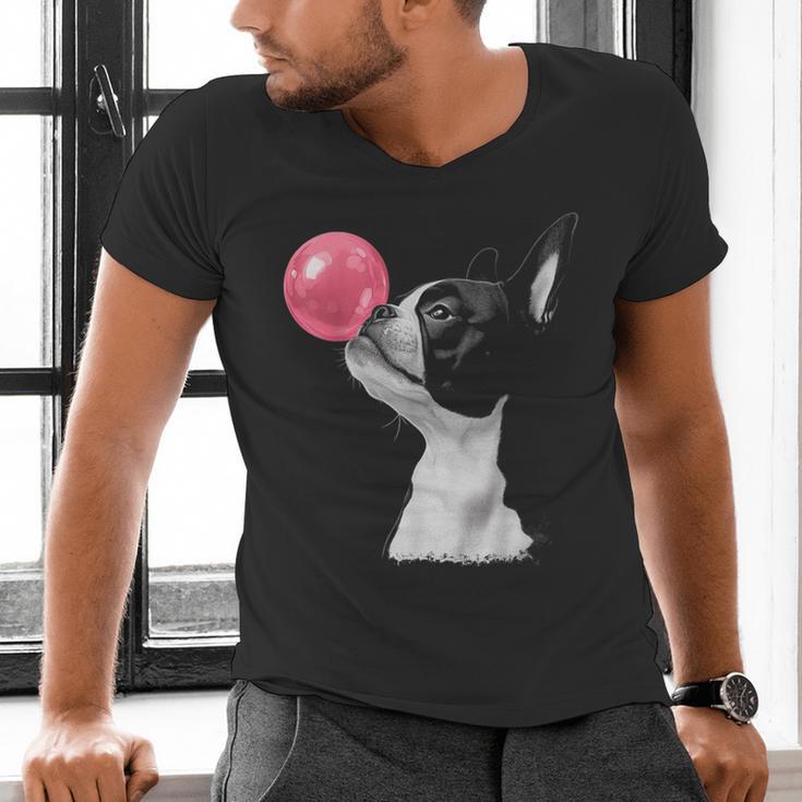 Boston Terrier Dog Blowing Chewing Bubble Gum Pink Men's V-Neck T-Shirt, gift for family, gift for coworker