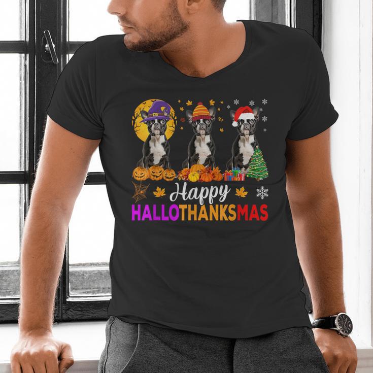 Boston Terrier Dog Halloween Christmas Hallothanksmas Men Women Kids Men's V-Neck T-Shirt, Boston Terrier Halloween Shirts, Boston Terrier Christmas Shirts, gift for family, gift for coworker