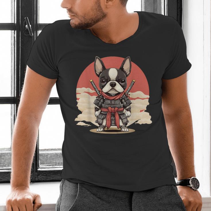 Boston Terrier Dog Japanese Style Samurai Dogs Men's V-Neck T-Shirt, gift for family, gift for coworker