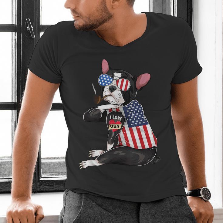Boston Terrier Dog Merica 4th Of July Usa American Flag Men Men's V-Neck T-Shirt, American Boston Terrier Shirts, Boston Terrier 4th Of July Shirts, gift for family, gift for coworker