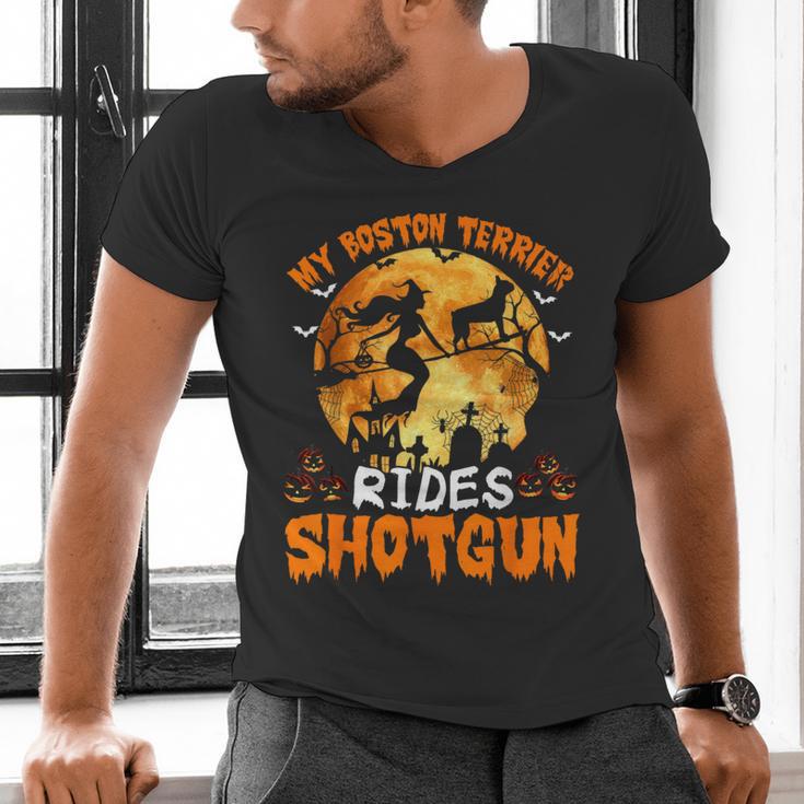 My Boston Terrier Dog Rides Shotgun Witch Halloween Men Women Men's V-Neck T-Shirt, Boston Terrier Halloween Shirts, gift for family, gift for coworker