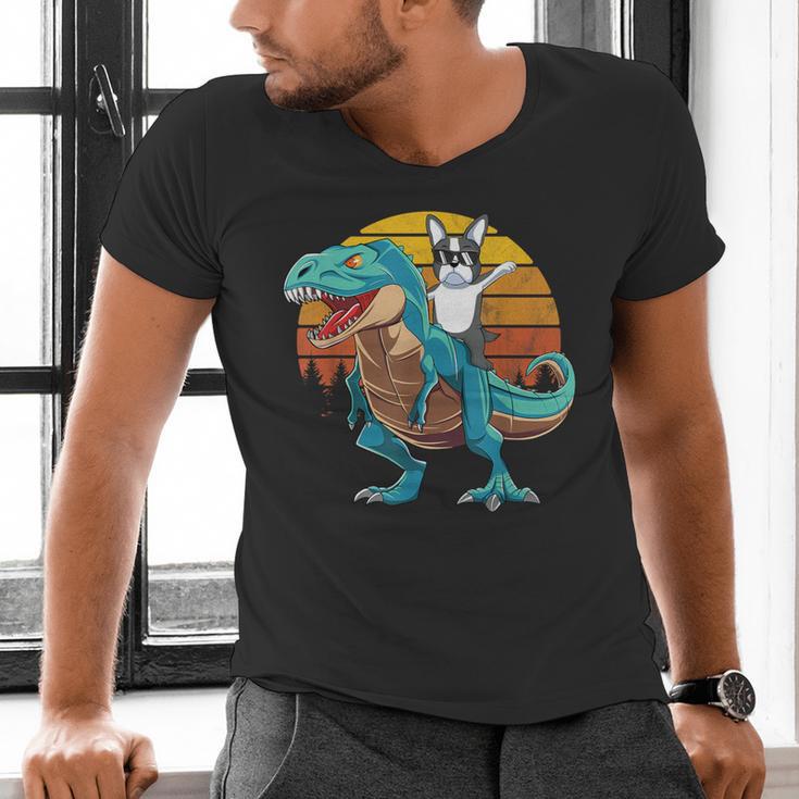 Boston Terrier Dog Riding Dinosaur T Rex Boys Men's V-Neck T-Shirt, Boston Terrier Riding Shirts, gift for family, gift for coworker