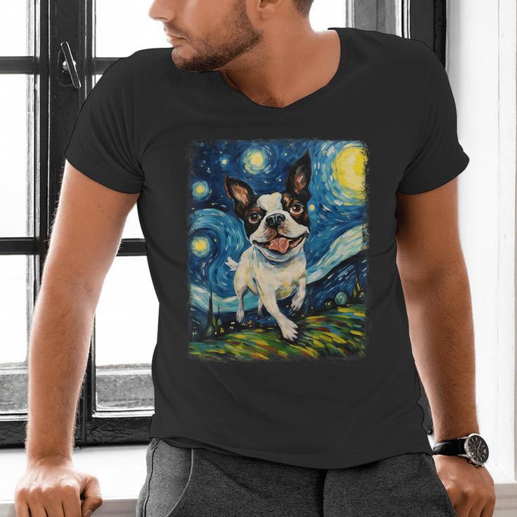 Boston Terrier Dog Starry Night Painting Men's V-Neck T-Shirt, gift for family, gift for coworker