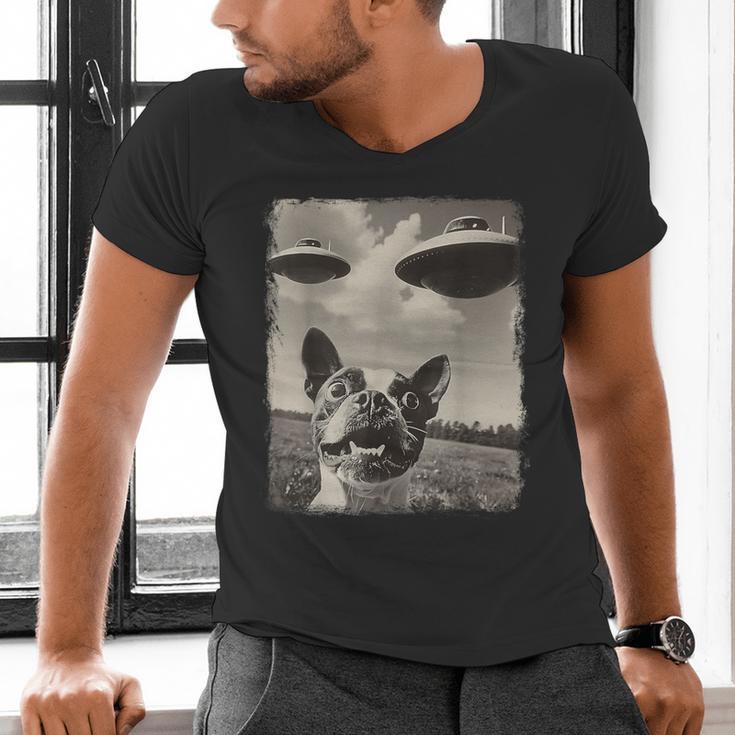 Boston Terrier Dog UFO Alien Extraterrestrial Selfie Men's V-Neck T-Shirt, gift for family, gift for coworker